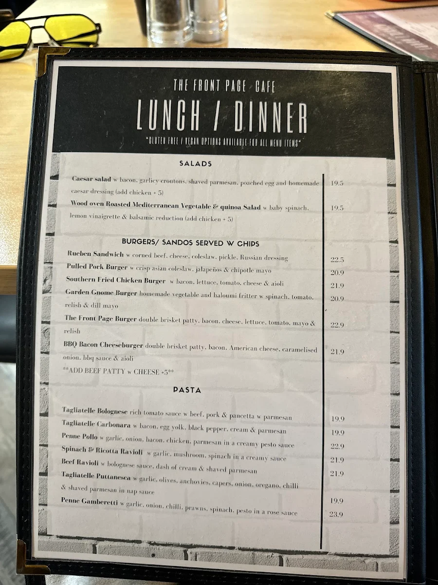 Menu, The Front Page Cafe