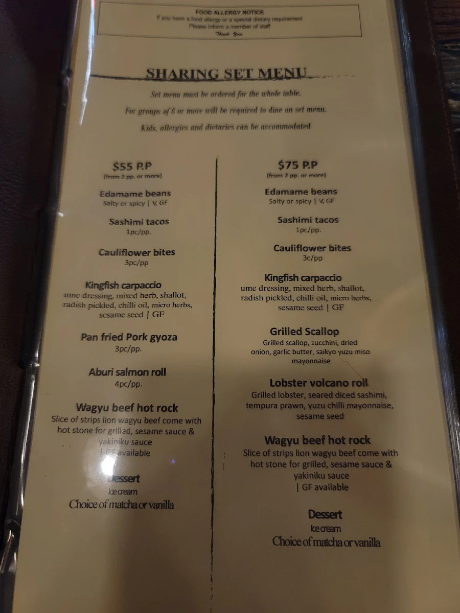 Menu, SOY Japanese Restaurant
