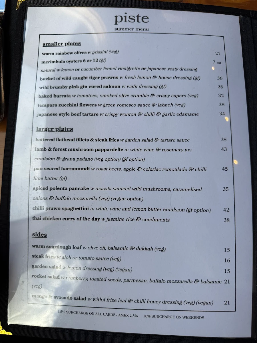 Menu, Piste Bar