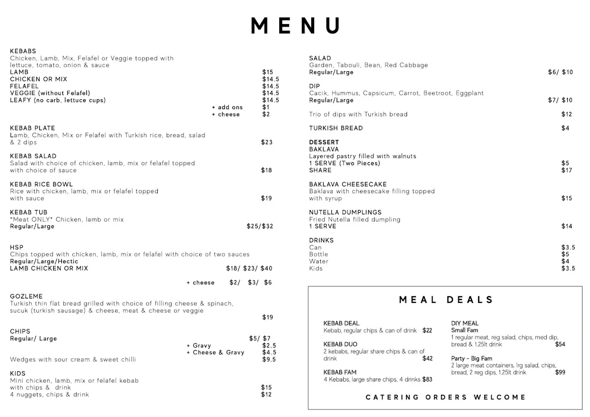 Menu, Kebabs on High Ballarat Central