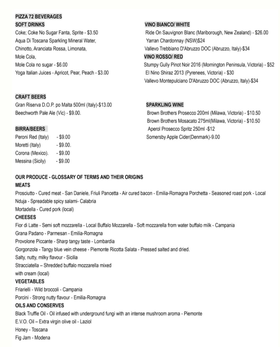 Menu, Pizza 72