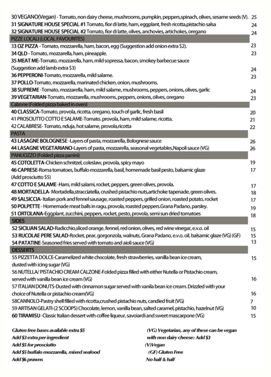 Menu, Pizza 72