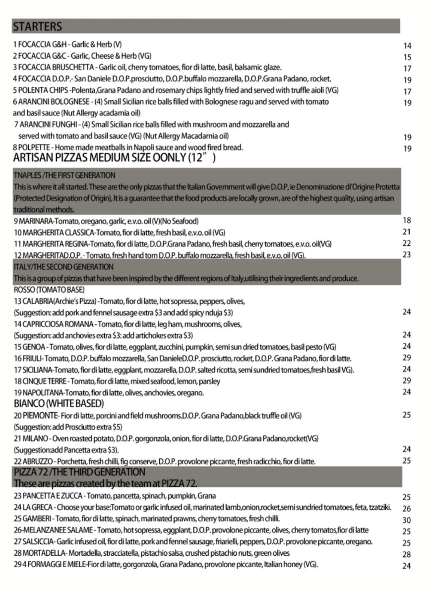 Menu, Pizza 72