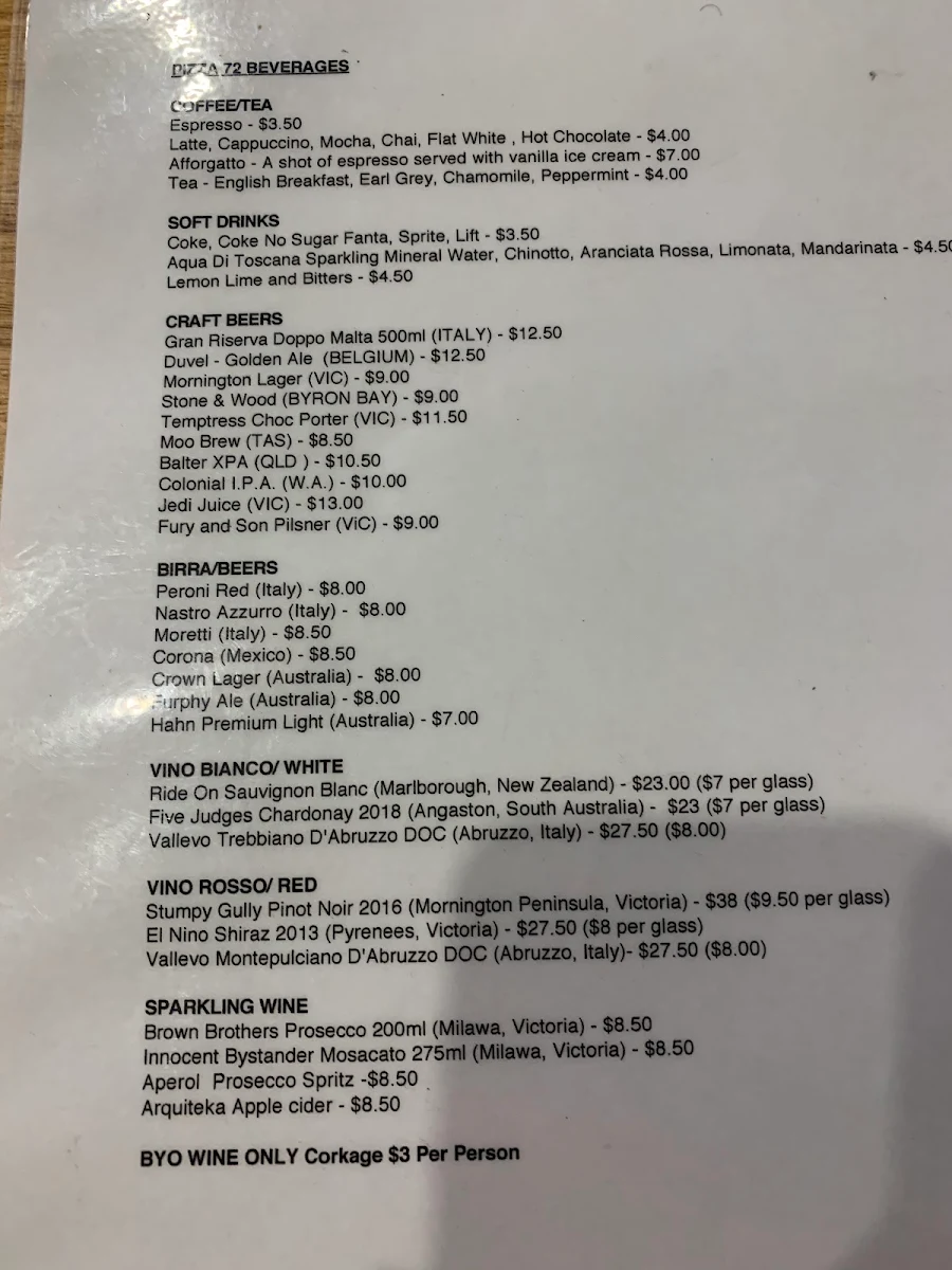 Menu, Pizza 72