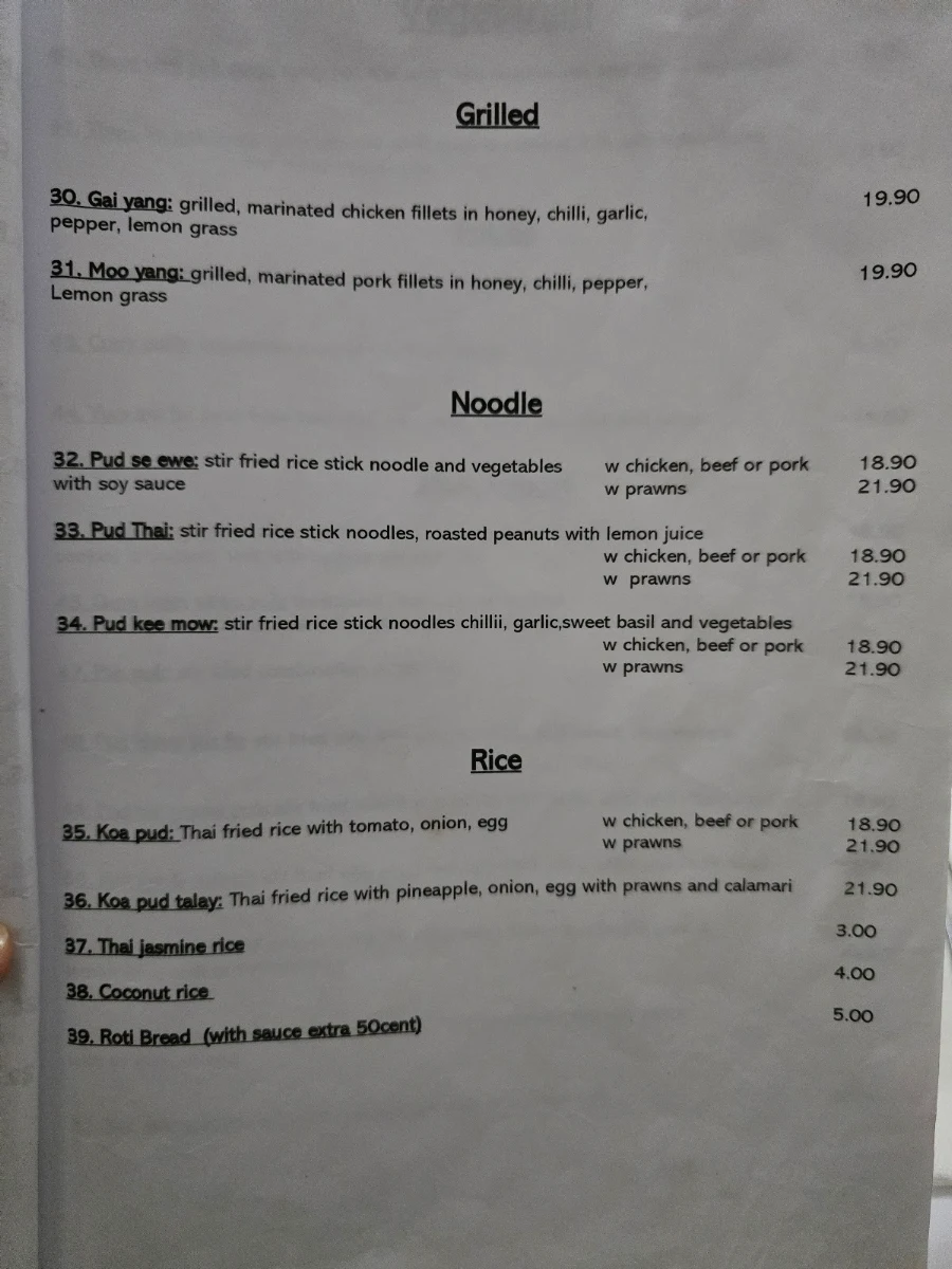 Menu, Mayura Thai