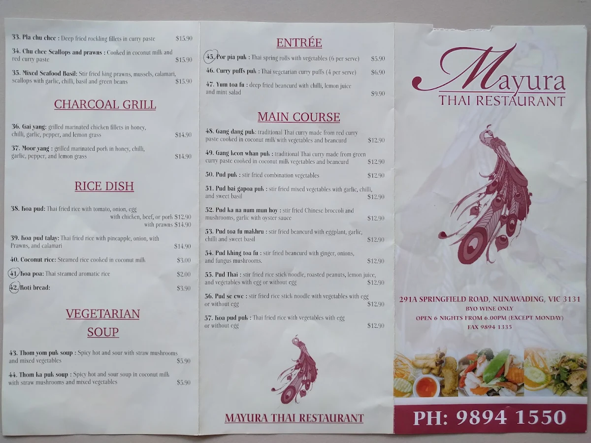 Menu, Mayura Thai
