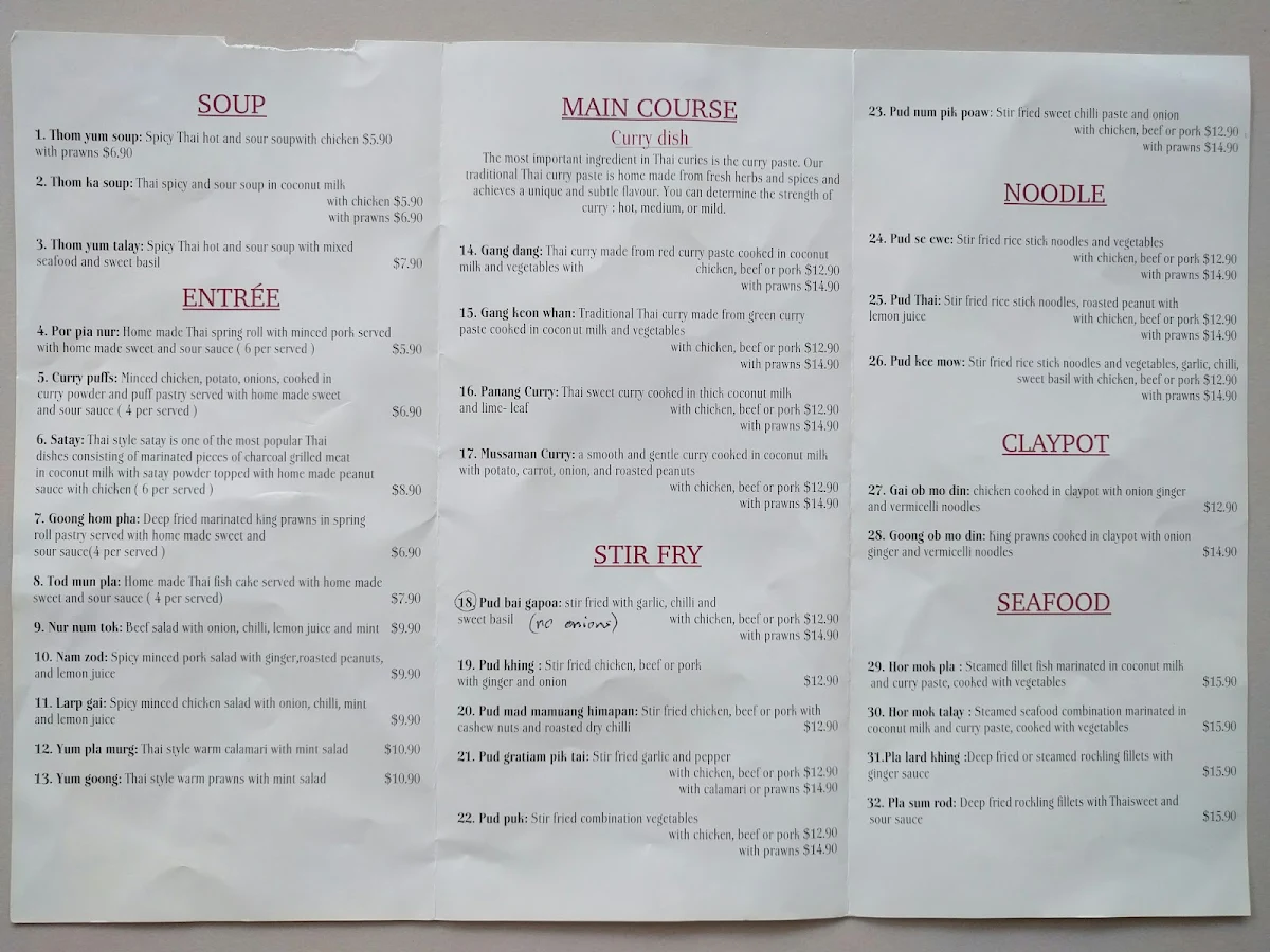 Menu, Mayura Thai