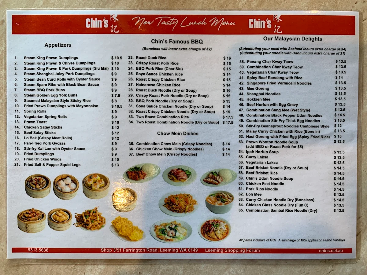 Menu, Chin's Noodle House