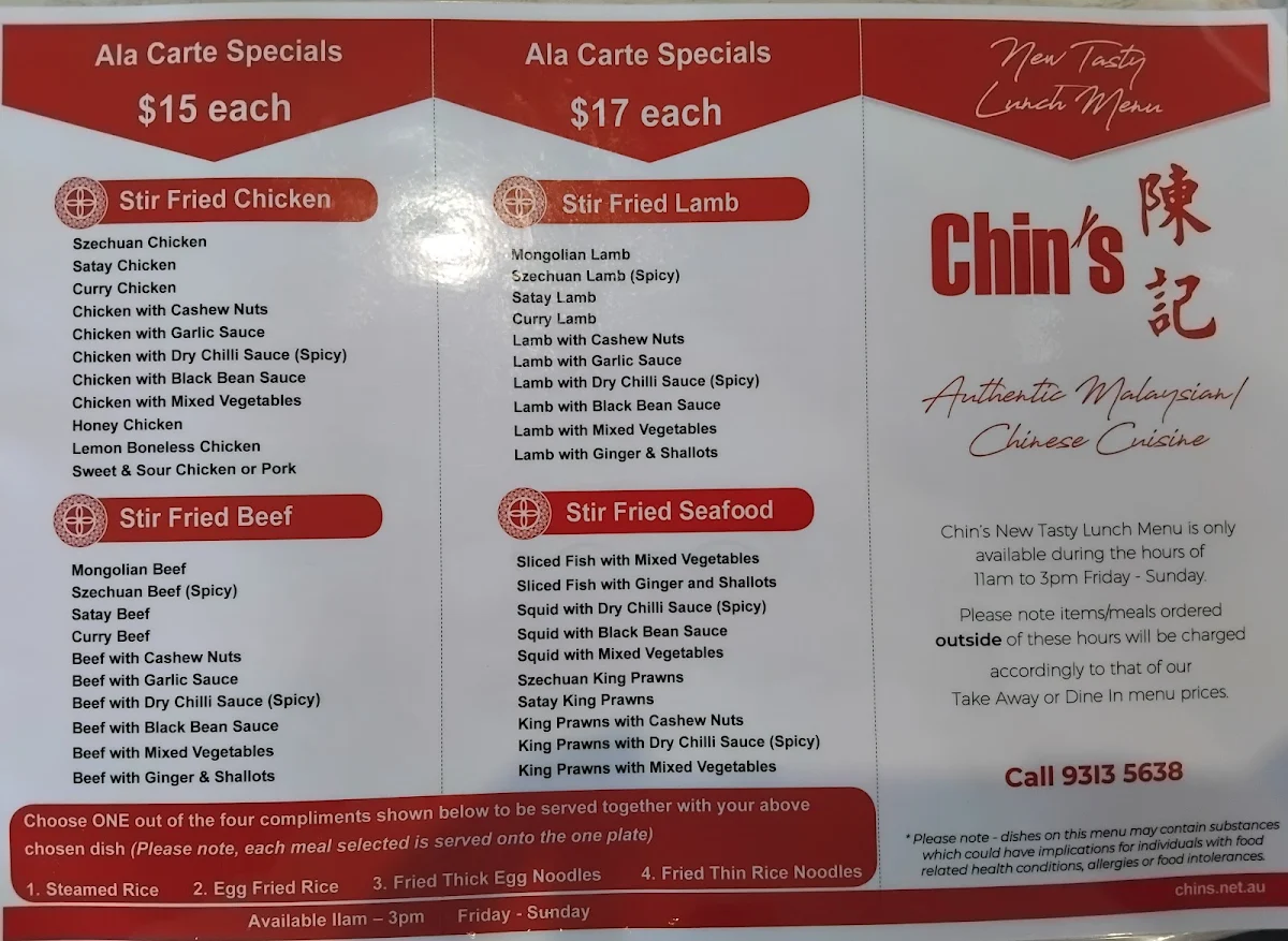 Menu, Chin's Noodle House
