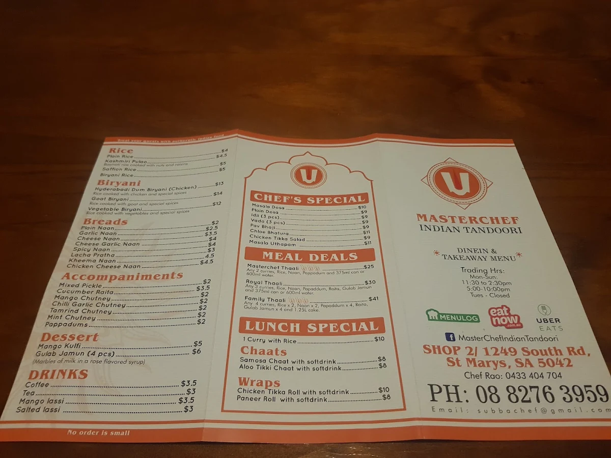 Menu, Master Chef Indian Tandoori