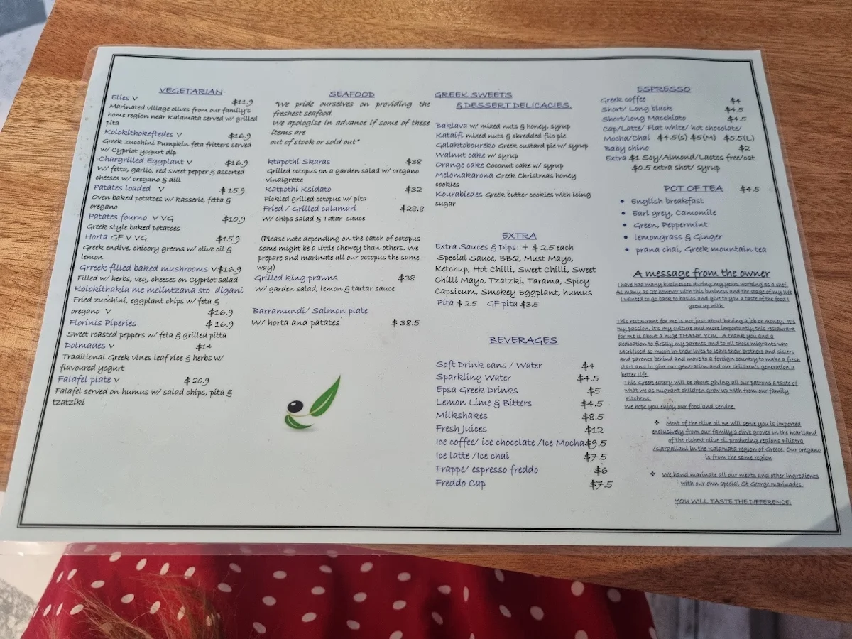 Menu, St George Greek Eatery