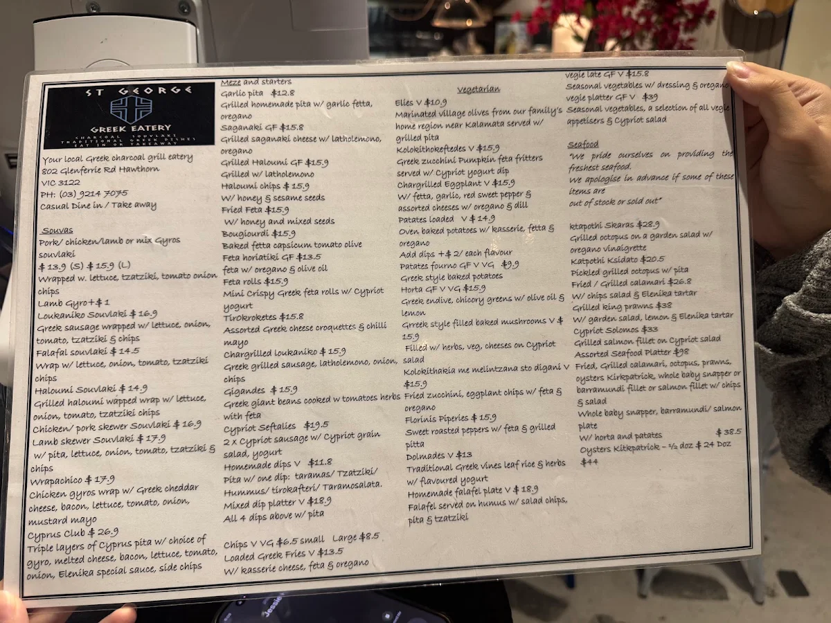 Menu, St George Greek Eatery