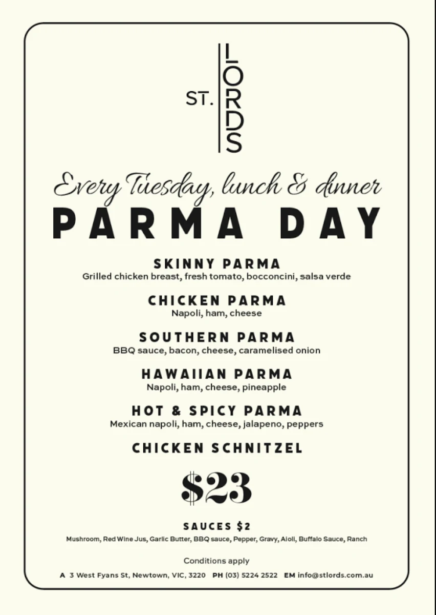 Menu, St Lords
