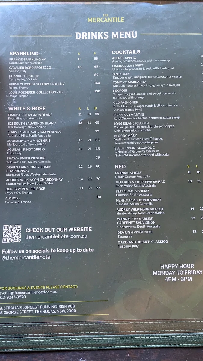 Menu, Mercantile Hotel
