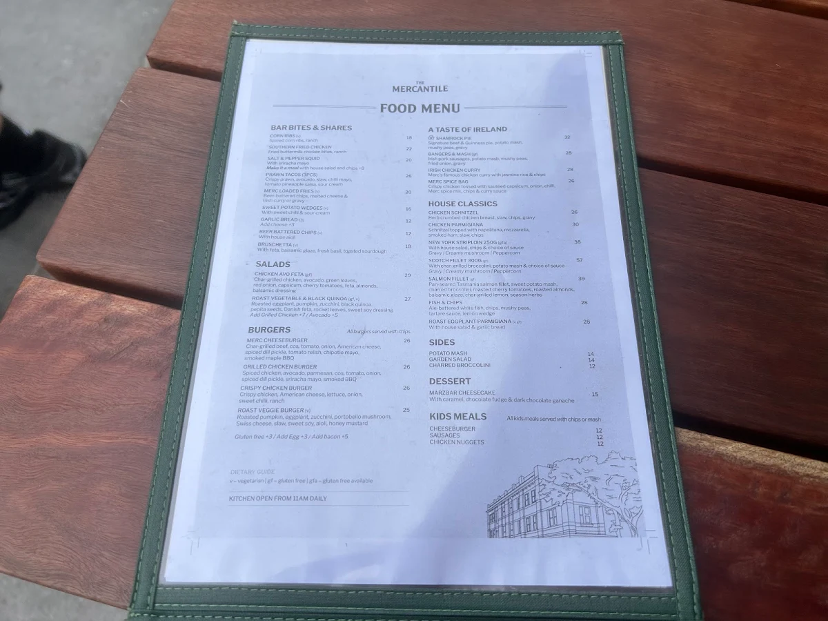 Menu, Mercantile Hotel