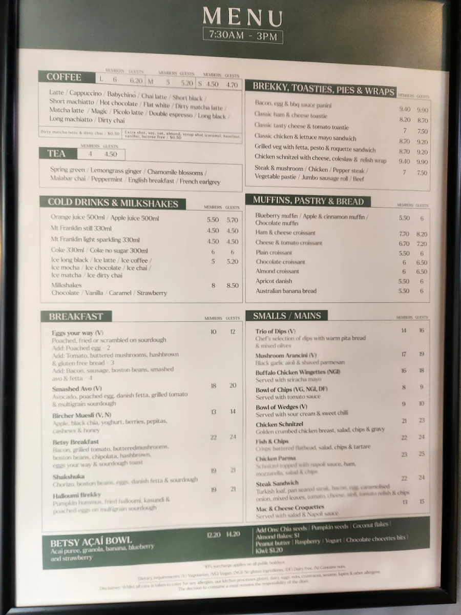 Menu, Betsy Jane