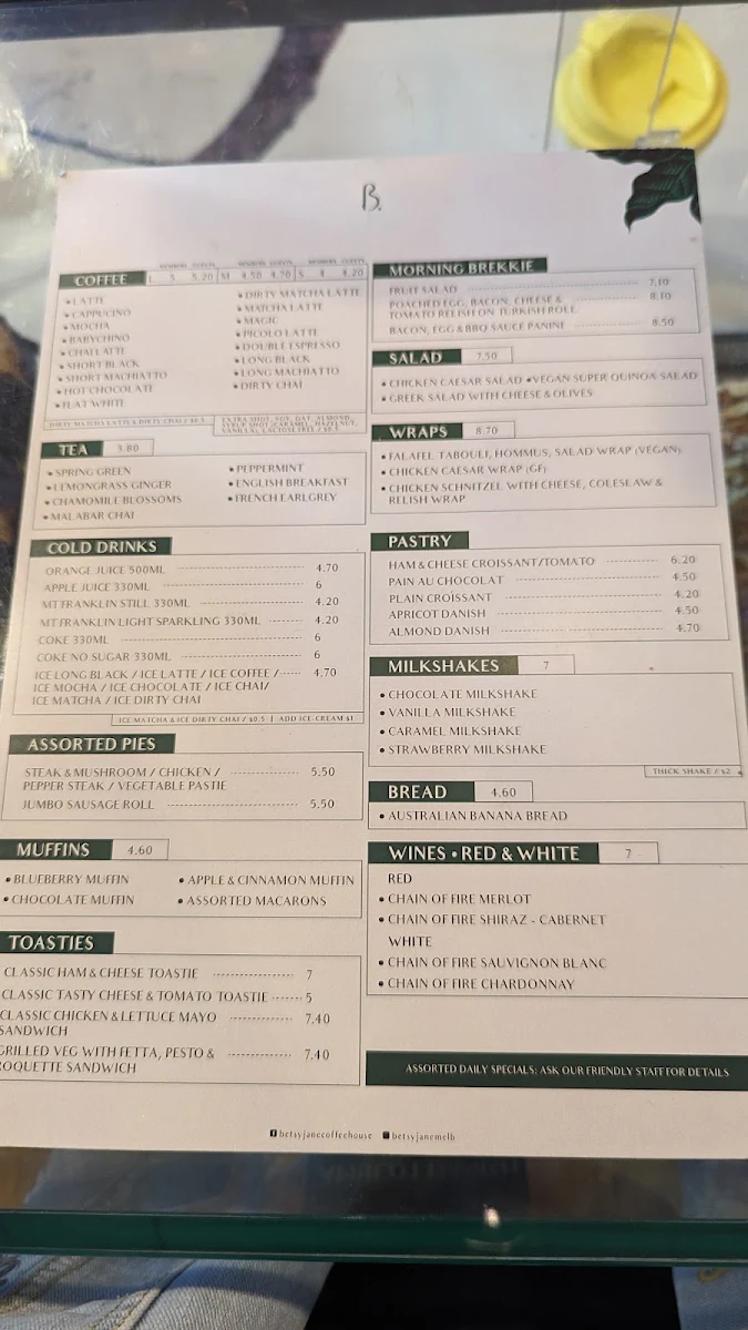 Menu, Betsy Jane