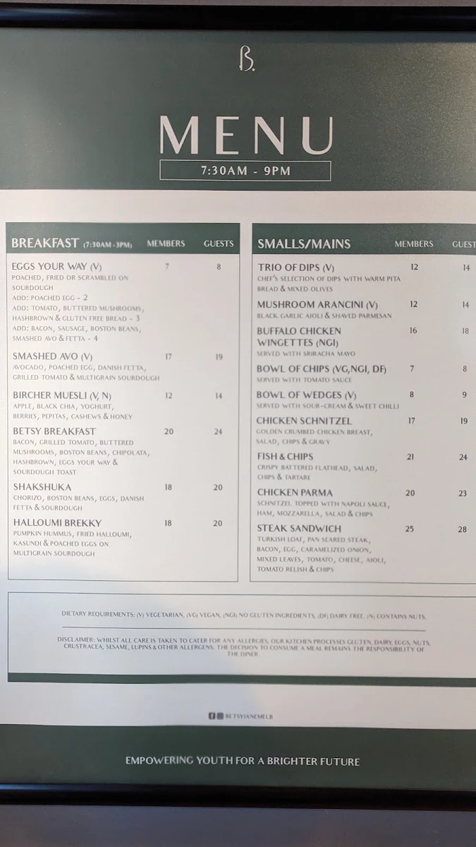 Menu, Betsy Jane