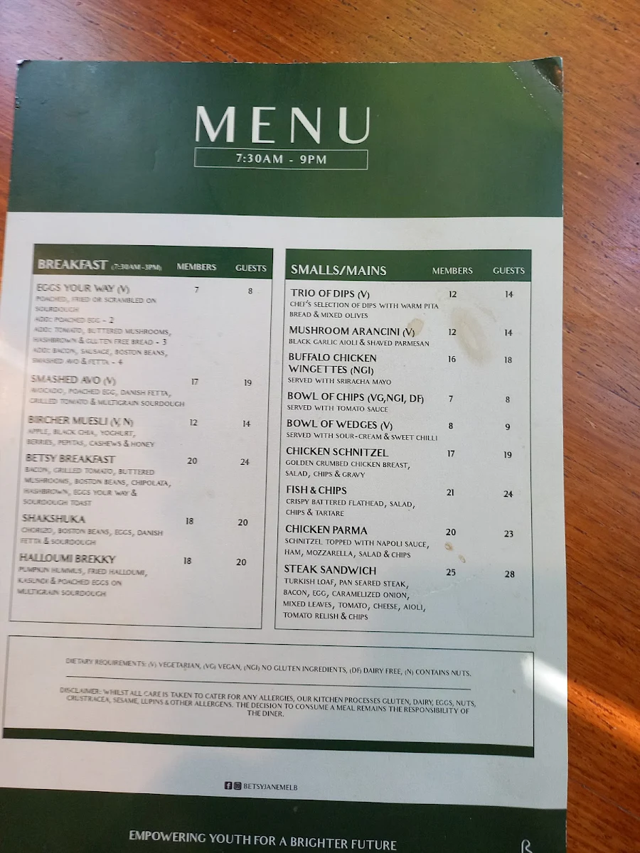 Menu, Betsy Jane