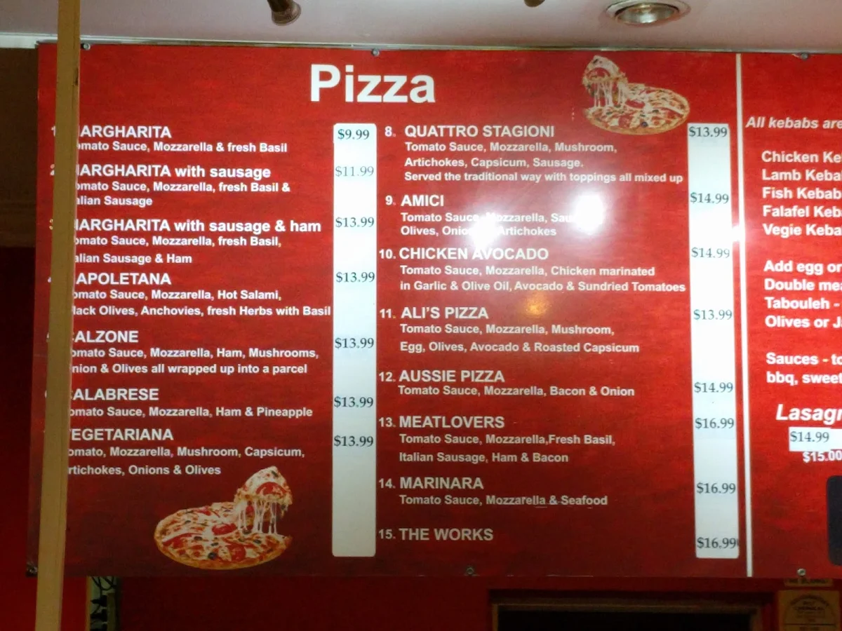 Menu, Ali's Pizzeria
