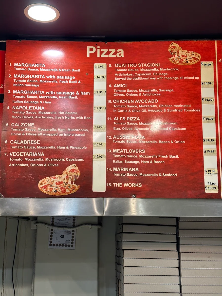 Menu, Ali's Pizzeria