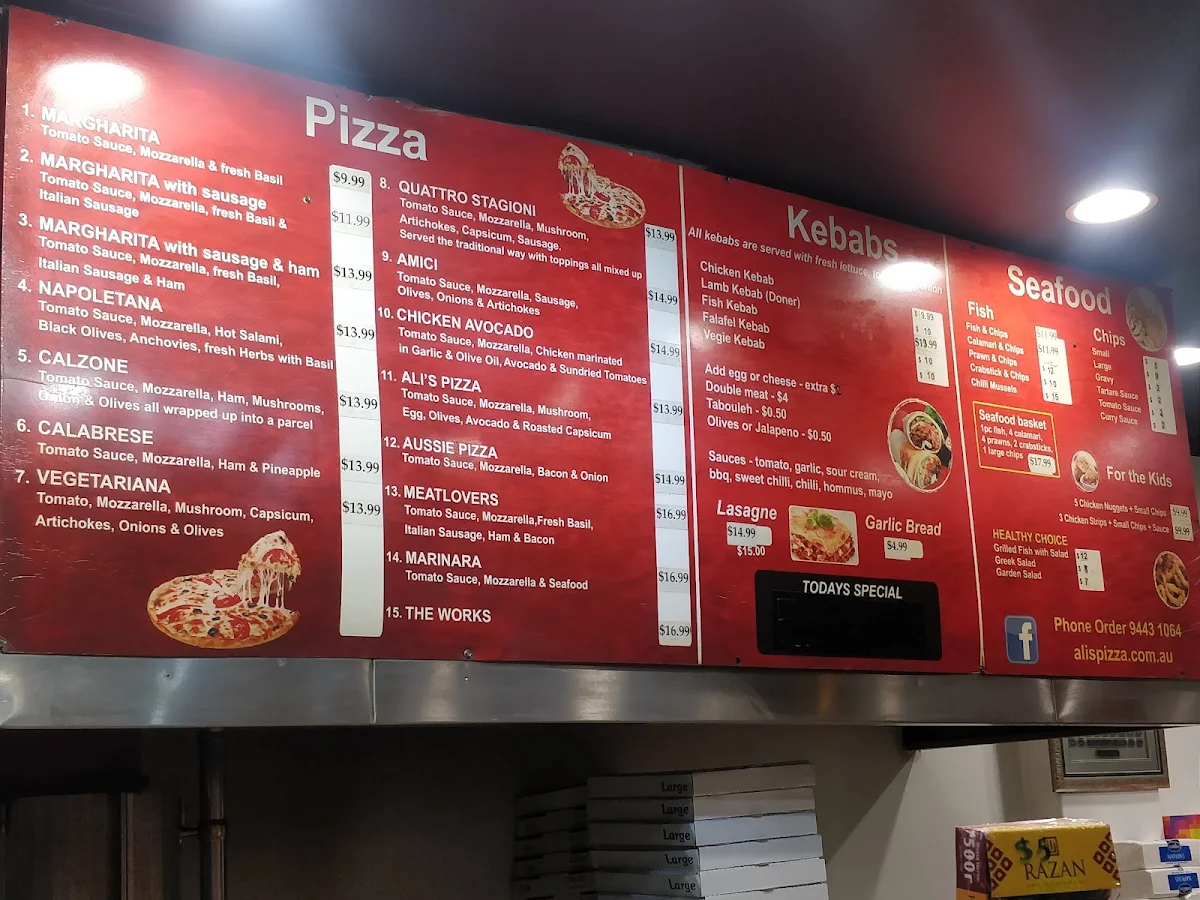 Menu, Ali's Pizzeria