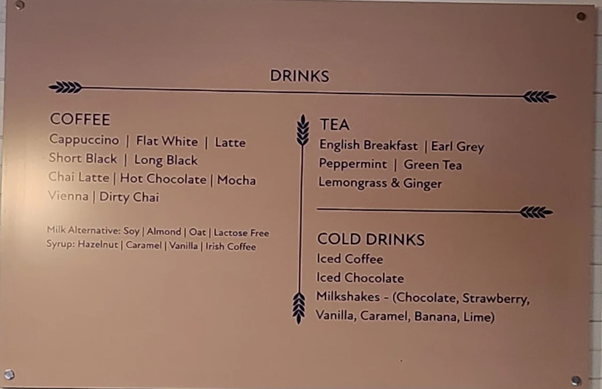 Menu, Nimmitabel Bakery