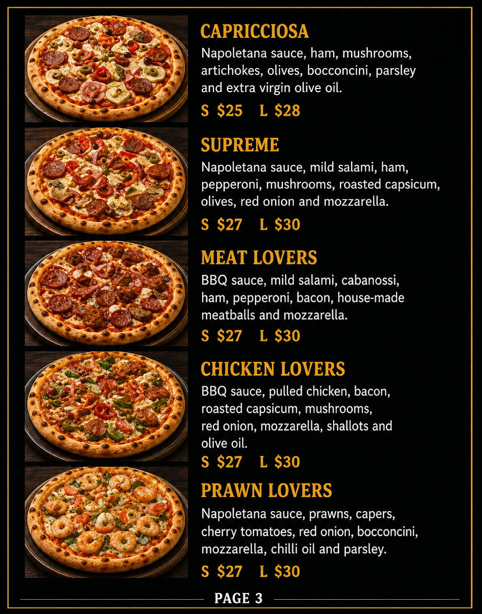 Menu, Quattro Kusina & Pizzeria, Berry