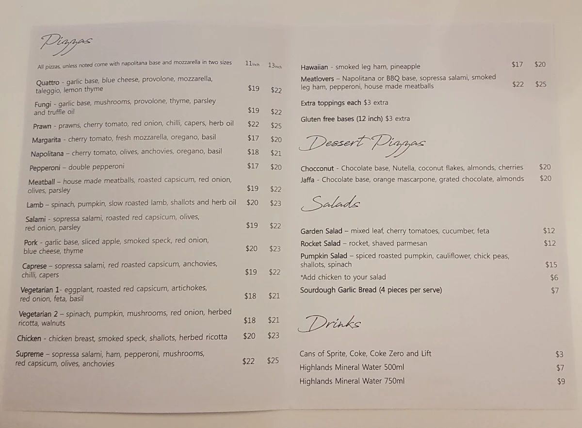 Menu, Quattro Kusina & Pizzeria, Berry