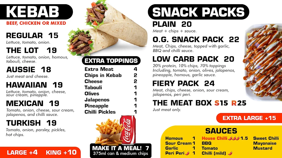 Menu, Woonona Kebab House