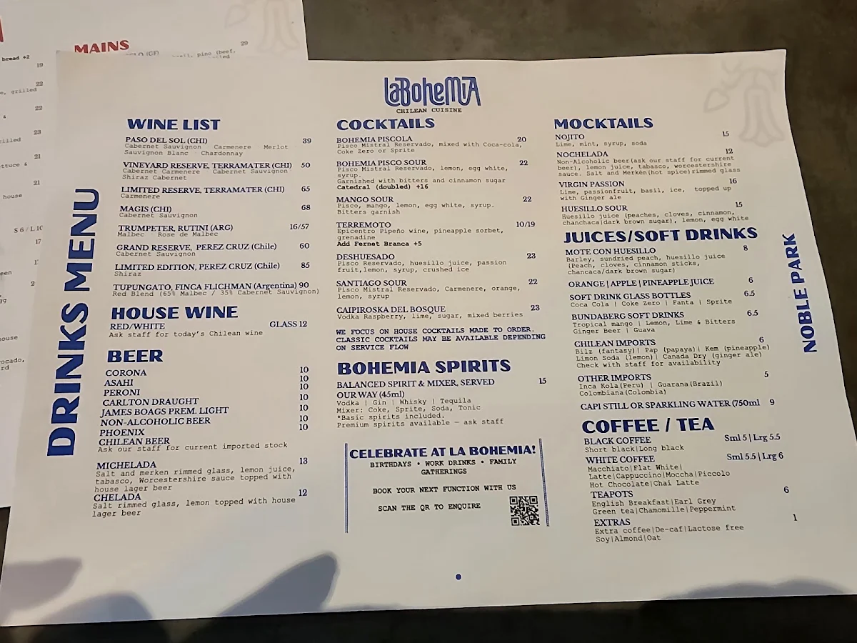 Menu, La Bohemia