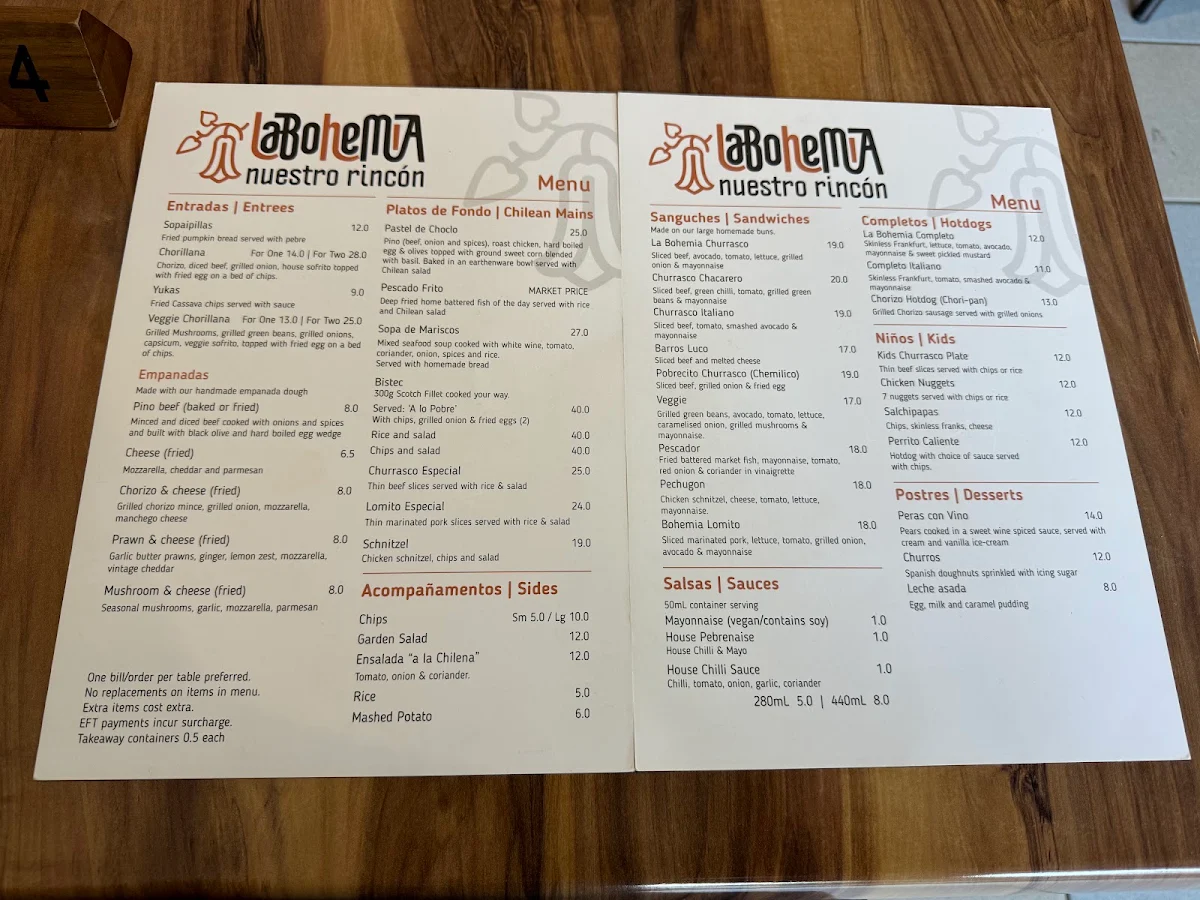 Menu, La Bohemia