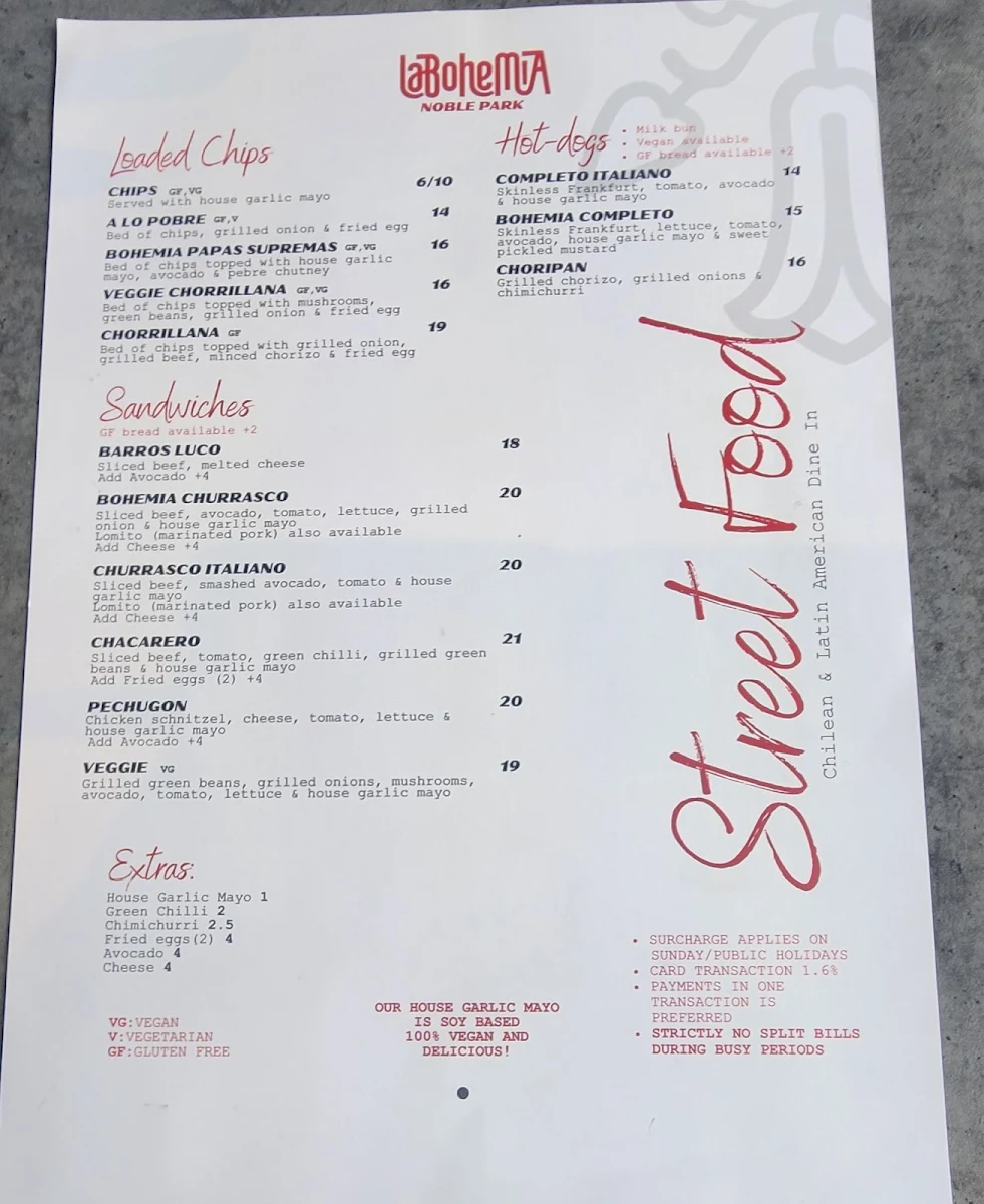 Menu, La Bohemia