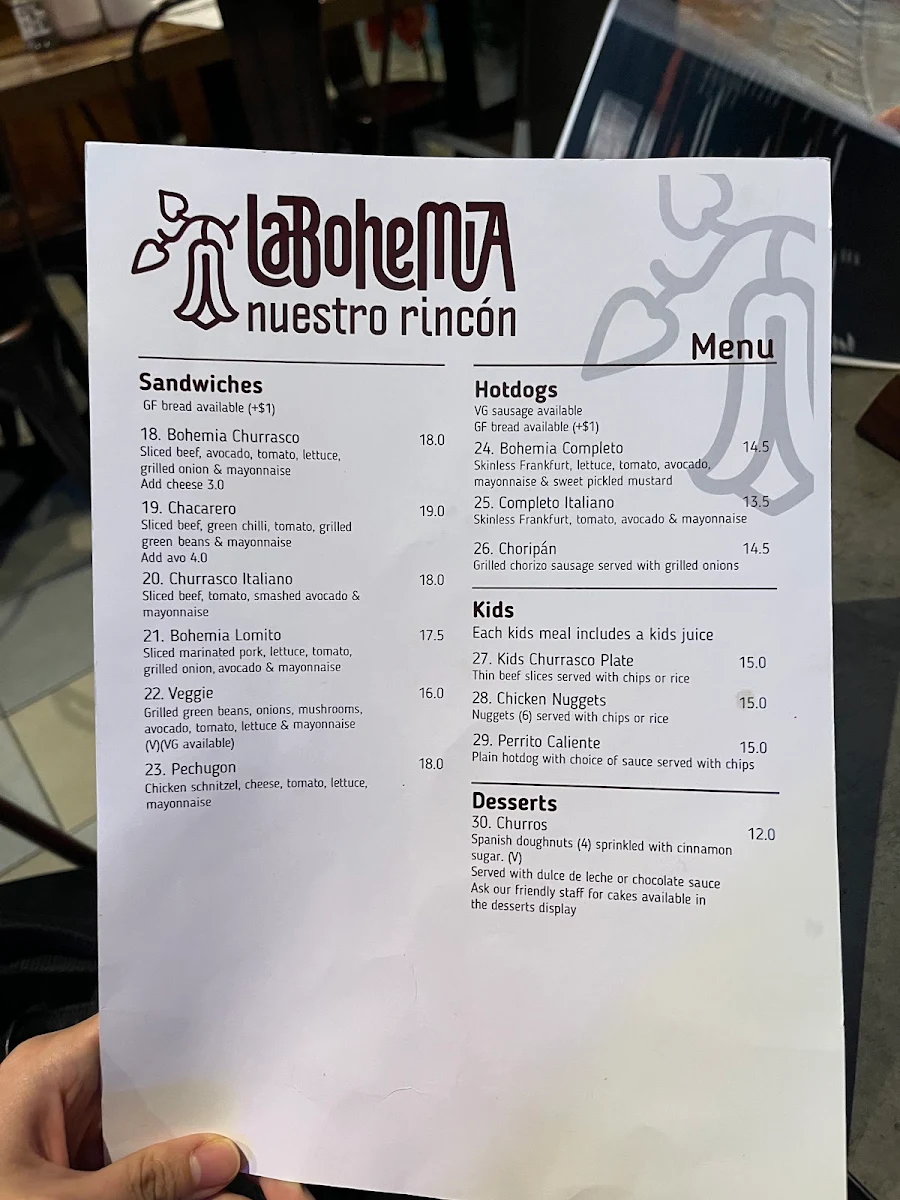 Menu, La Bohemia