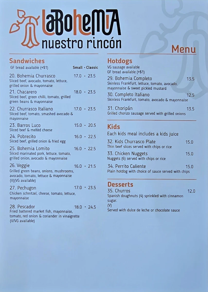 Menu, La Bohemia