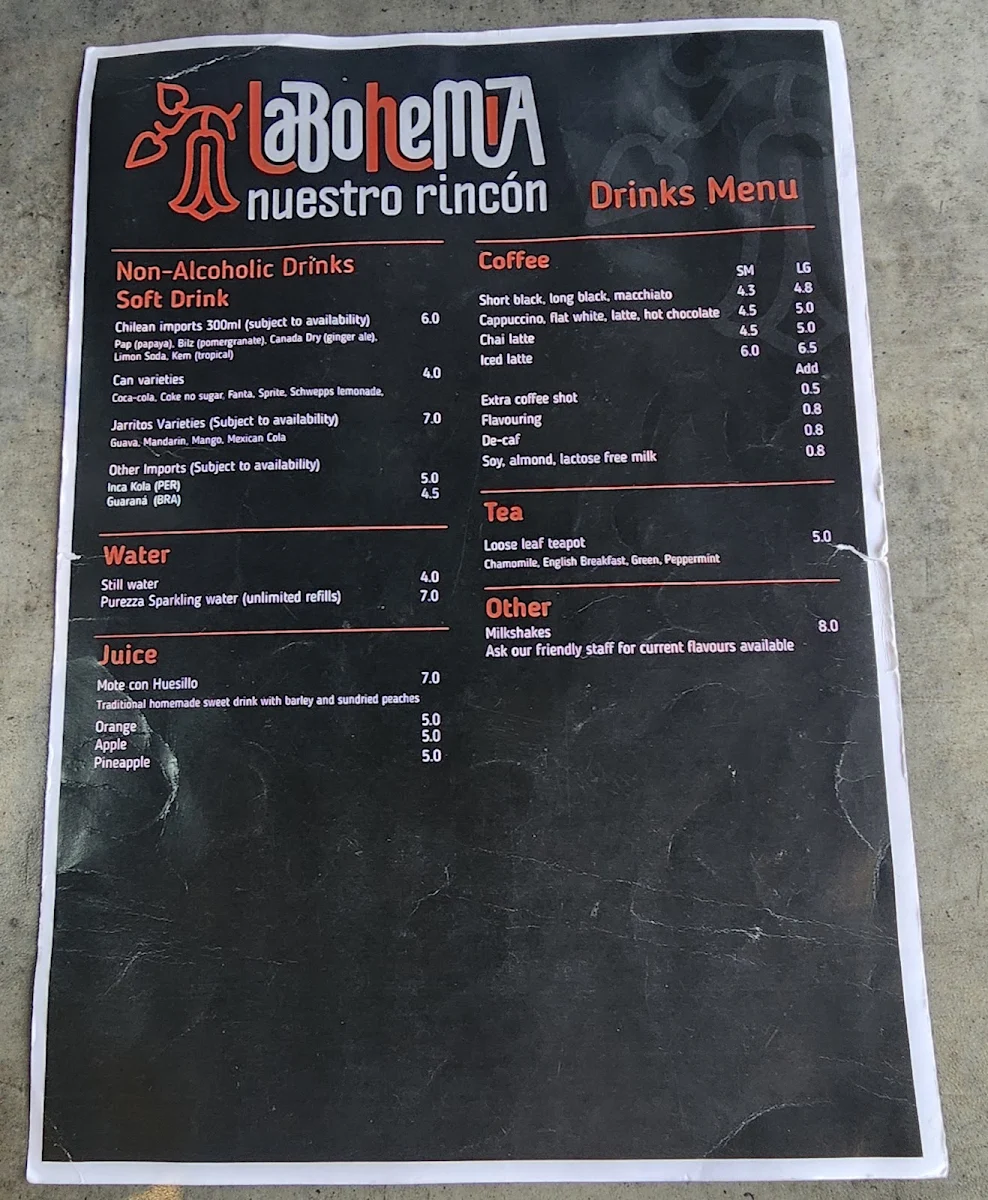 Menu, La Bohemia