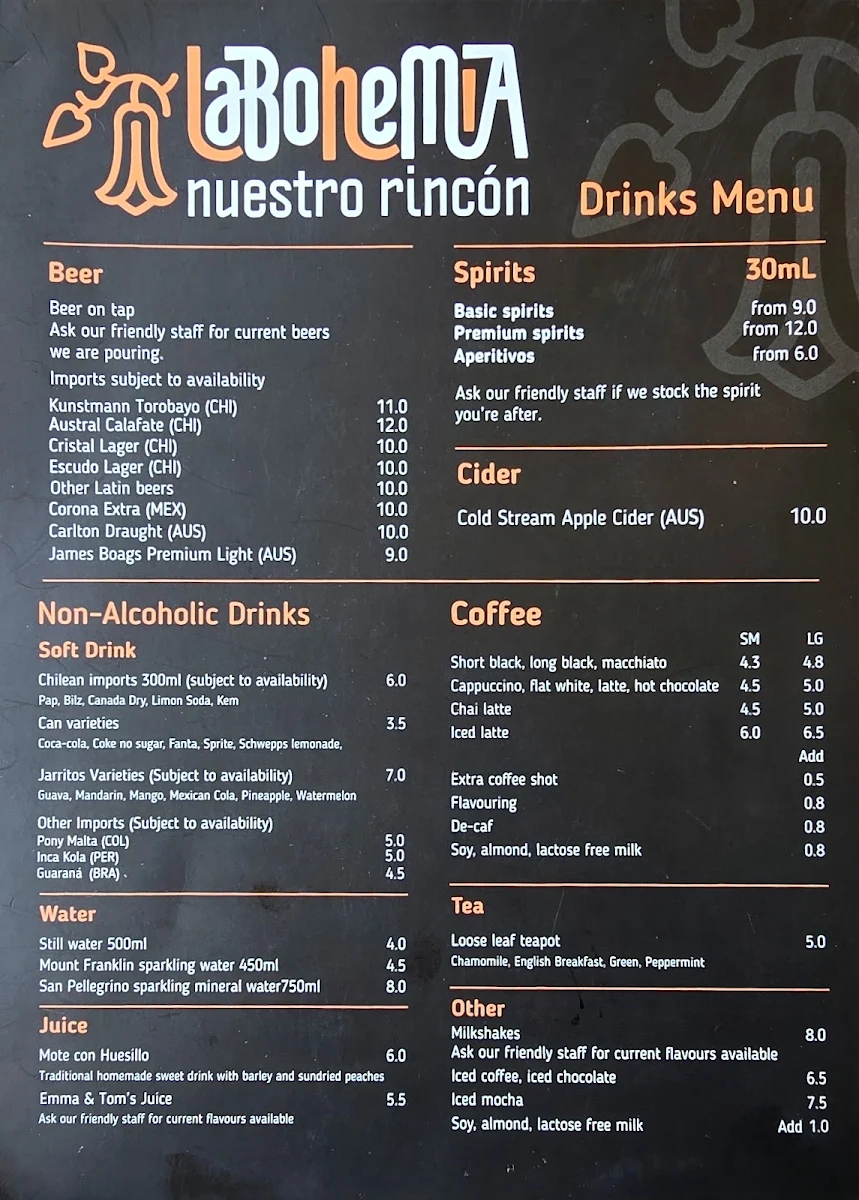 Menu, La Bohemia