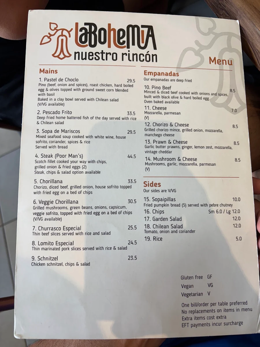 Menu, La Bohemia