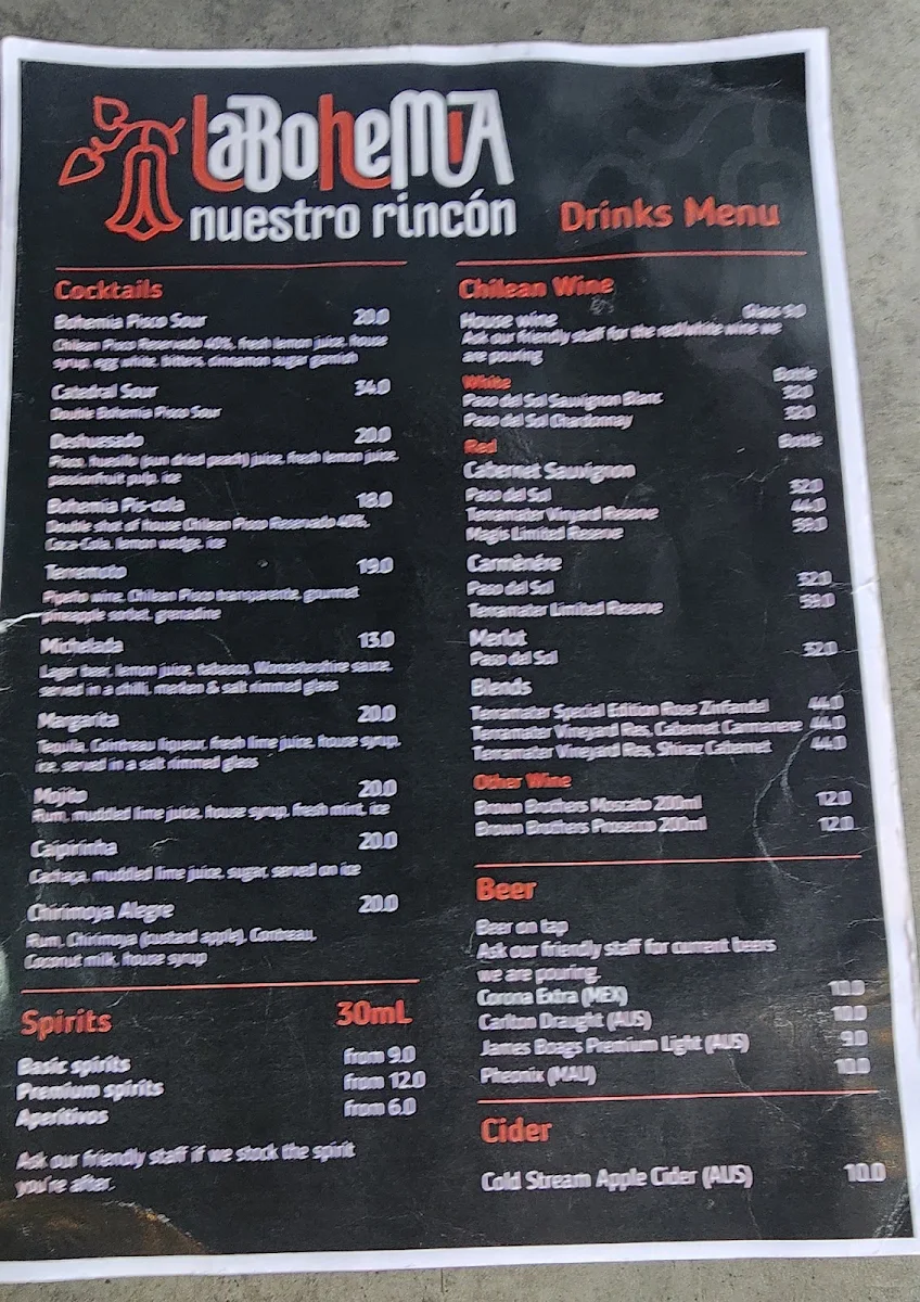 Menu, La Bohemia