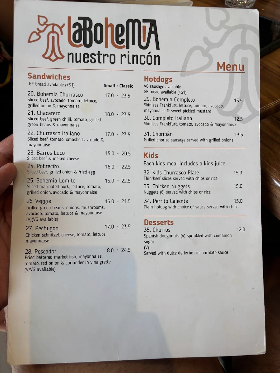 Menu, La Bohemia