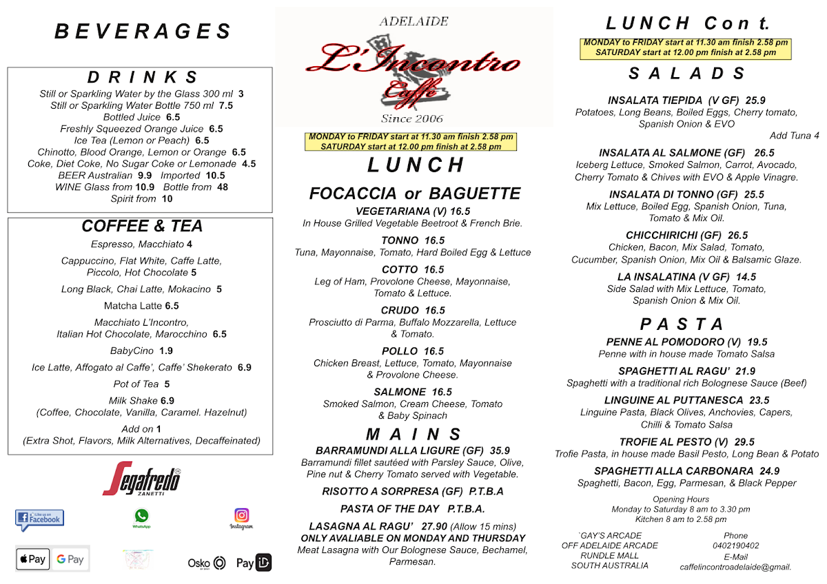 Menu, Caffè L'Incontro