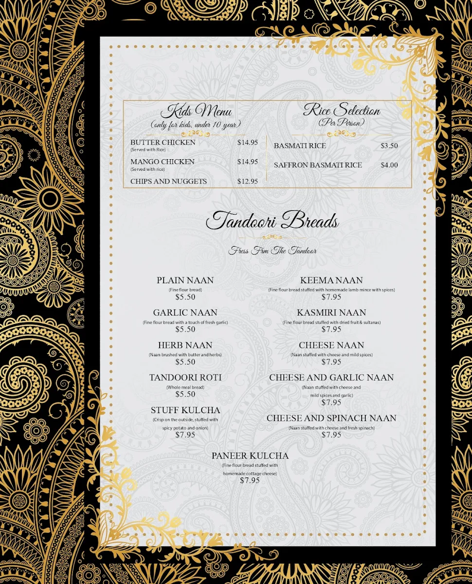 Menu, Royal Indian Restobar
