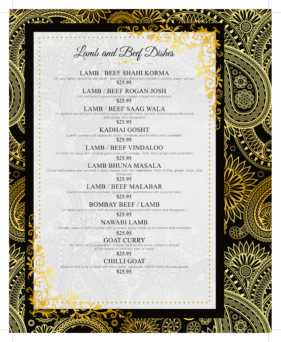 Menu, Royal Indian Restobar