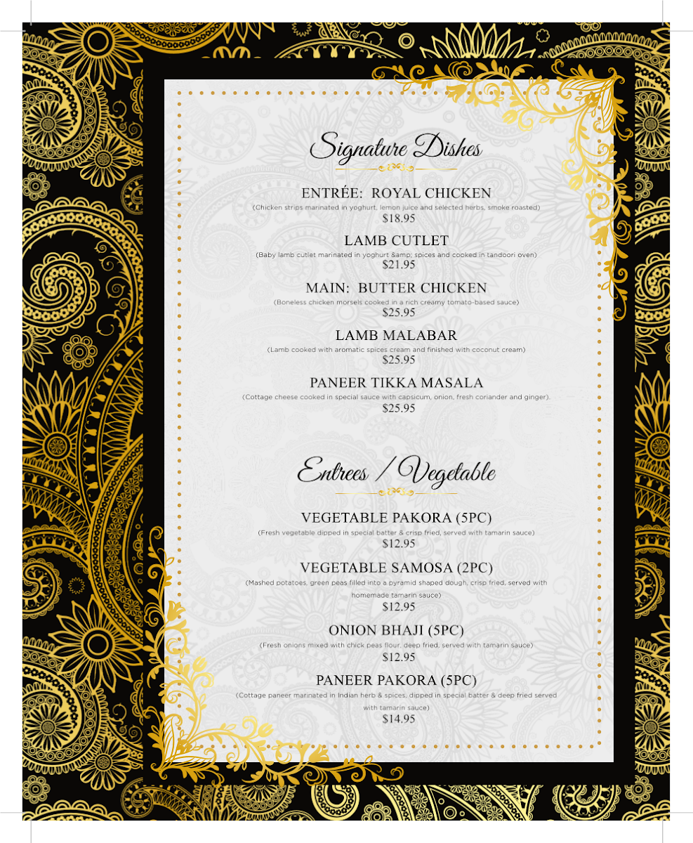 Menu, Royal Indian Restobar