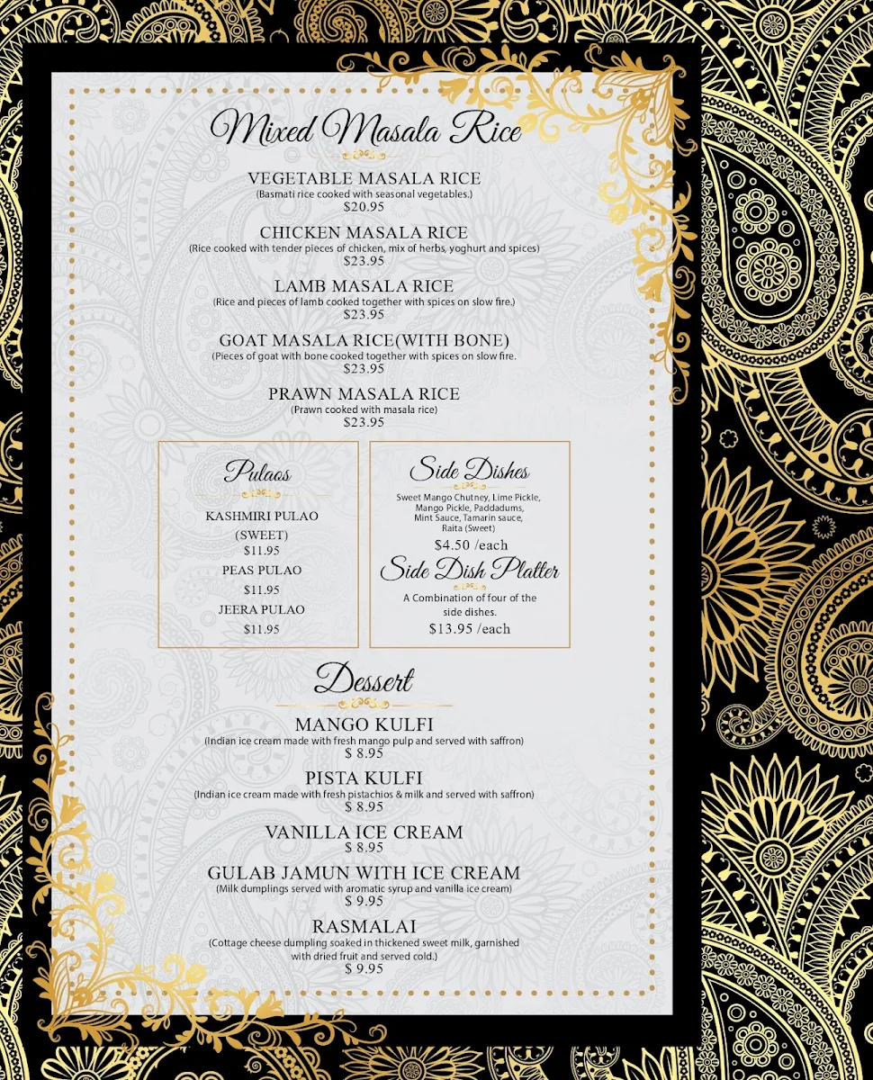 Menu, Royal Indian Restobar