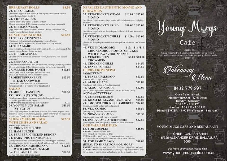Menu, Young Mugs Cafe