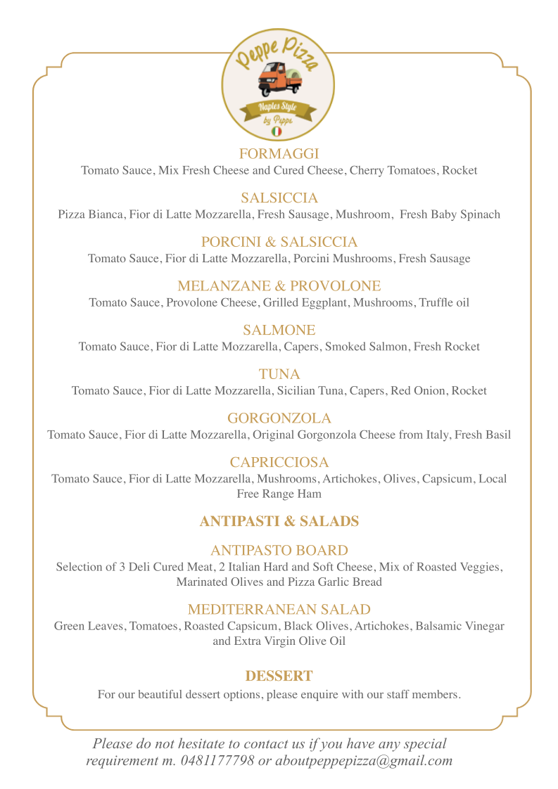 Menu, Peppe Pizza Catering Byron Bay