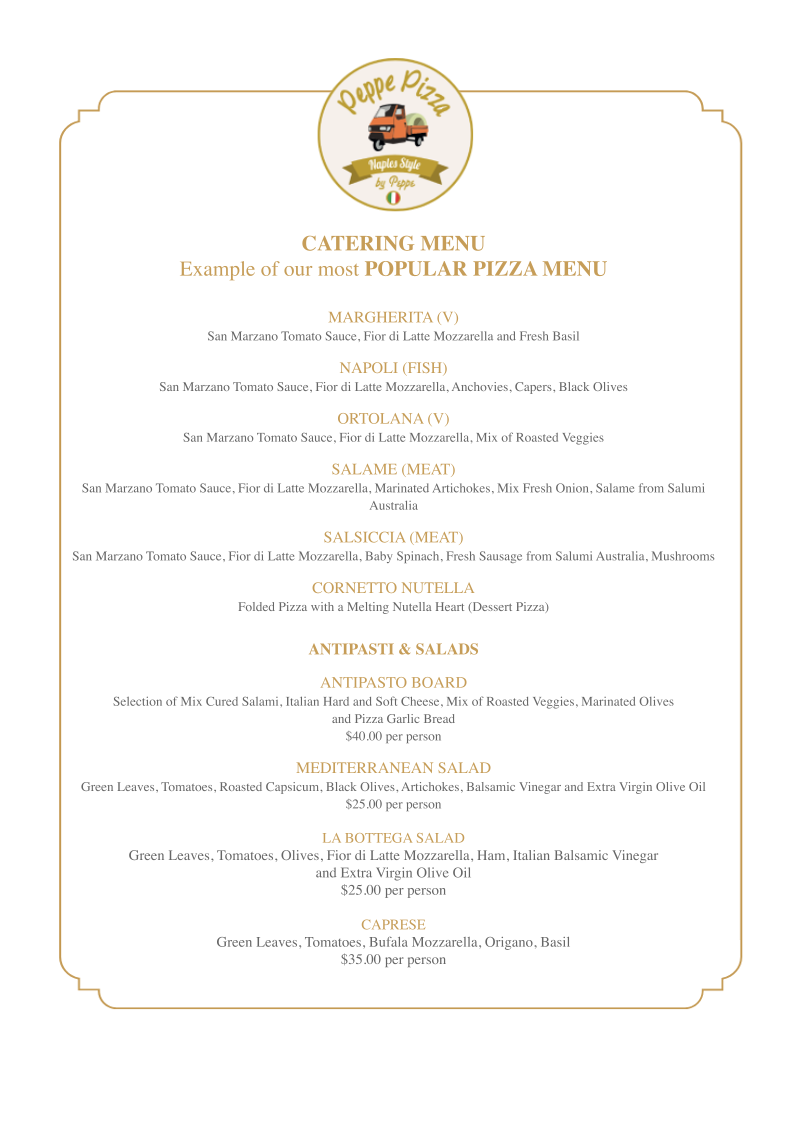 Menu, Peppe Pizza Catering Byron Bay