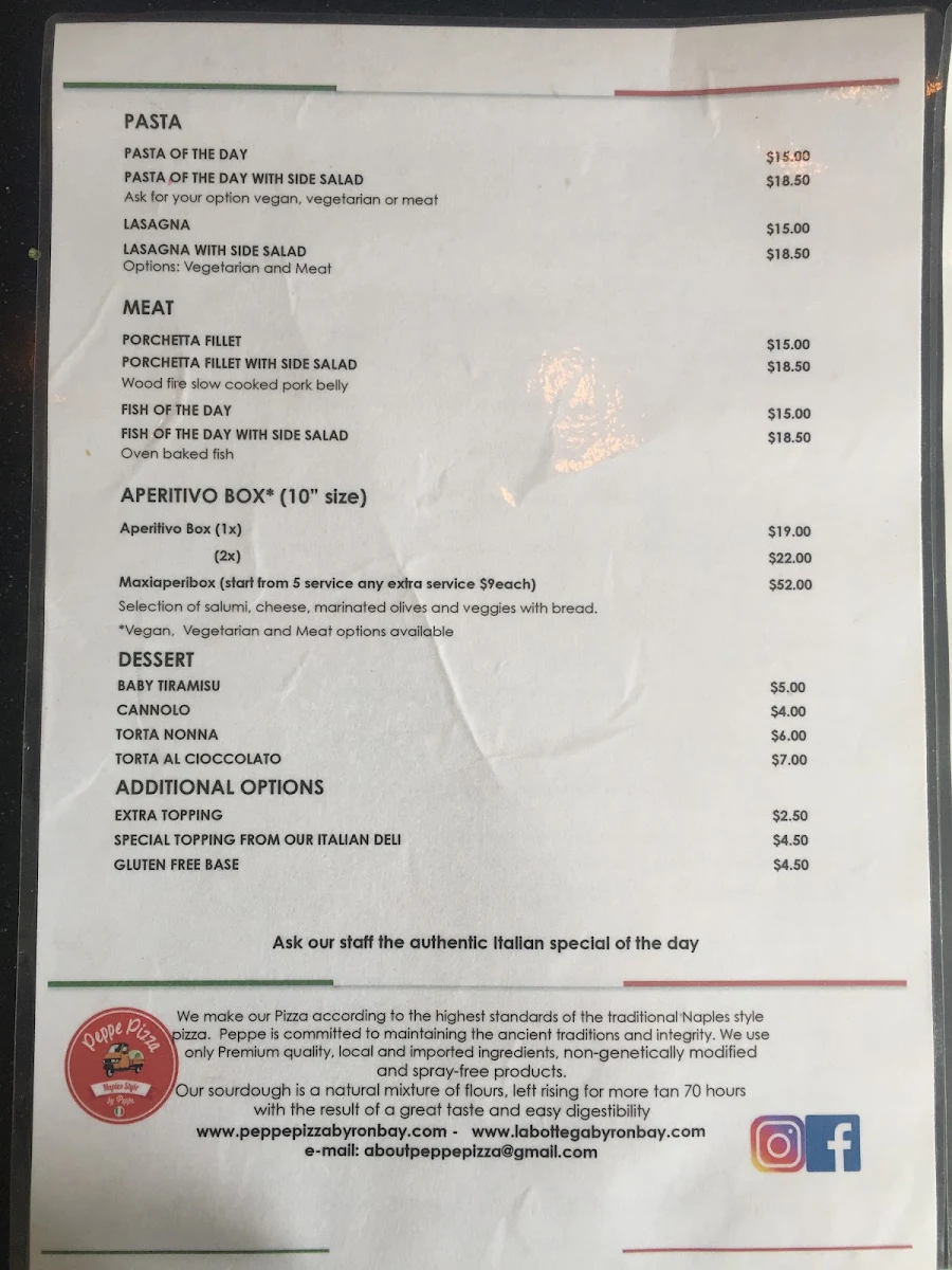 Menu, Peppe Pizza Catering Byron Bay