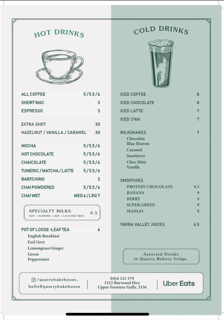 Menu, Quarry Bakehouse